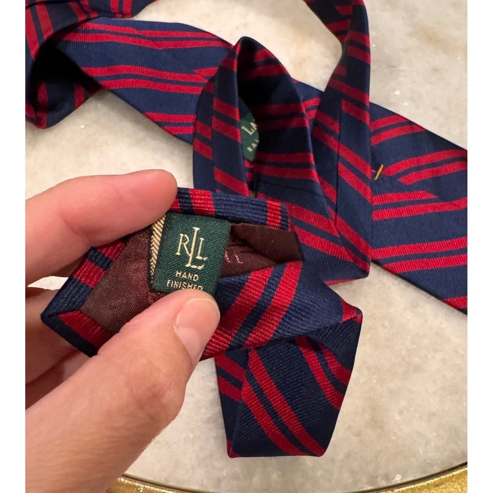 Lauren Ralph Lauren Mens Silk Tie Navy Blue Red Striped Repp Hand Finished USA